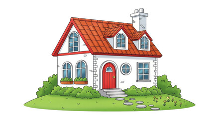 Naklejka premium Cozy Cartoon House Illustration With Red Roof And Green Garden