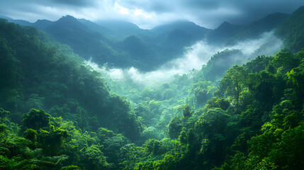 Obraz premium Lush greenery spreads across mountains under cloudy skies in a tropical forest during the afternoon hours