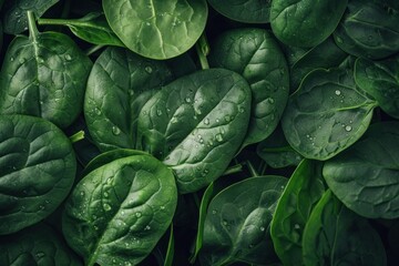 Obraz premium Fresh spinach leaves glistening with water droplets form a vibrant green backdrop, perfect for healthy food concepts