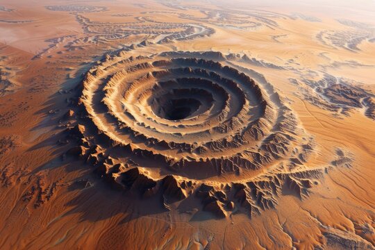 Impressive geological formation, the richat structure also known as the eye of the sahara, creating a wide circular depression in the desert of mauritania