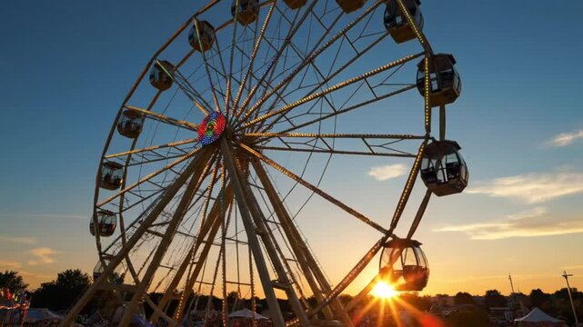 Golden hour ferris wheel illuminated against a deep blue sky during a summer evening carnival