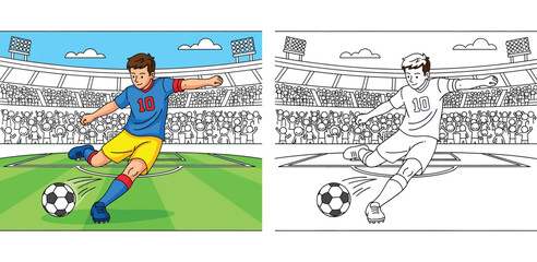 Cartoon soccer player kicking ball in stadium vector illustration, coloring page outline and colorful version for kids activity book, football athlete sport background. © SHOHAG