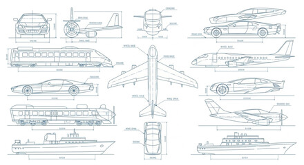 Detailed Technical Drawings of Various Transportation Vehicles.