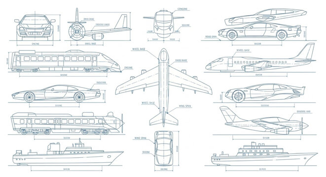 Detailed Technical Drawings of Various Transportation Vehicles.