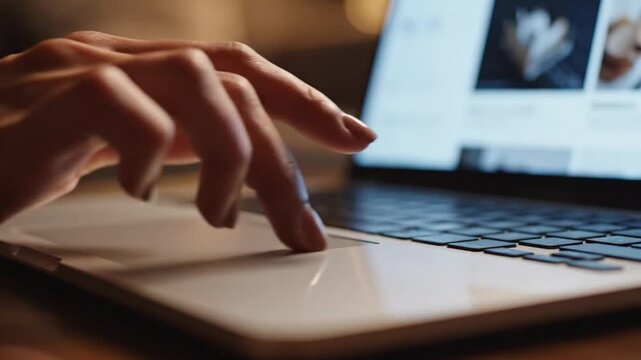 Cinematic slow motion close up view of a female finger navigating a silver laptop trackpad while scrolling through digital content on a computer interface in a modern professional office setting