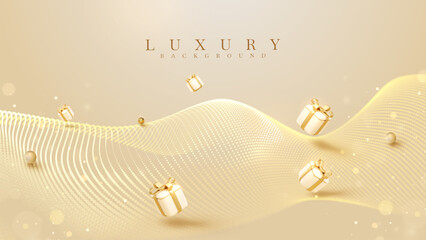 Fototapeta premium Luxury gold background with floating gift boxes and golden ball and abstract particle wave, Premium celebration banner scene for award ceremony and product promotion.