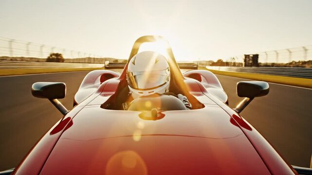 Female driver in white helmet races red open-wheel car on track at golden hour