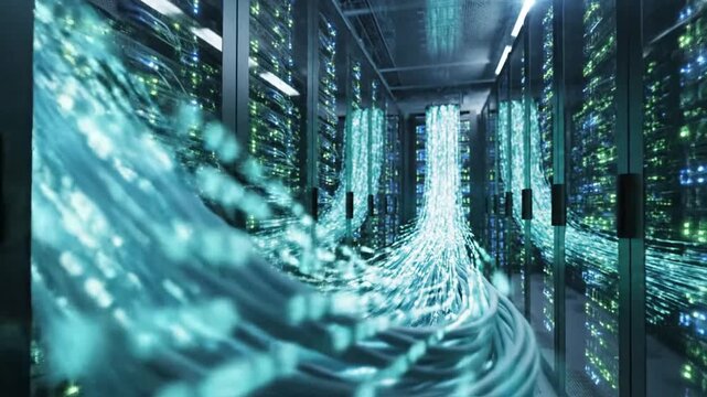 Cinematic digital information flow streaming in slow motion through a futuristic network connection within dark technological server room data center background glowing blue light speed processing