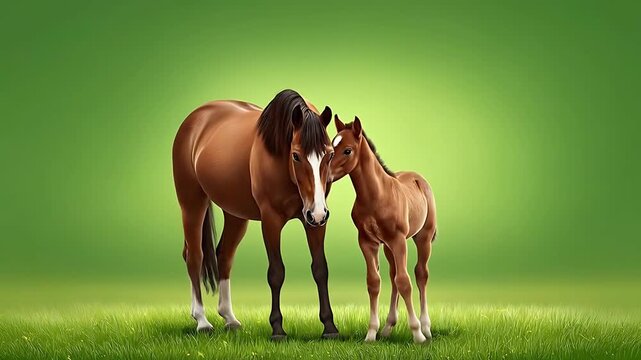 A majestic brown horse and its foal standing together on a vibrant green meadow