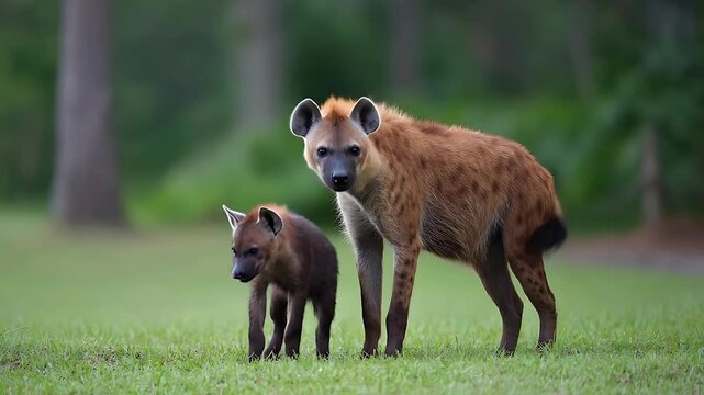 A spotted hyena and its cub standing together in a green field, surrounded by trees