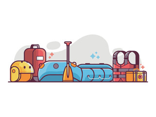 Rafting and water sports equipment set including inflatable boat life vest helmet paddle and first aid kit for outdoor adventure activities