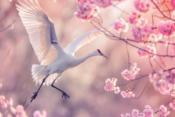 Obraz premium Majestic white crane flying near beautiful pink cherry blossoms in spring