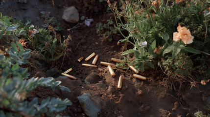 Fototapeta premium An outdoor landscape shows spent cartridges partially buried in dirt, symbolizing the intersection of outdoor sports, nature conservation, and the responsibilities of gun users in protecting the