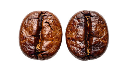 Obraz premium Close-up macro photograph presents two meticulously roasted, oval-shaped beans with intricate surface textures and rich, deep brown hues. The beans sit on a stark black background