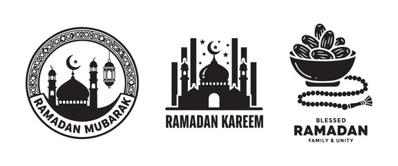 Obraz premium Elegant Ramadan Silhouettes with Mosque, Lantern, Crescent Moon, Dates – Black and White Islamic Spiritual Design