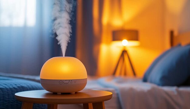 Modern aroma diffuser humidifier on wooden nightstand in cozy bedroom, glowing warm amber light, white mist steam rising from top, blue bedding and pillows in foreground
