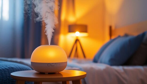 Modern aroma diffuser humidifier on wooden nightstand in cozy bedroom, glowing warm amber light, white mist steam rising from top, blue bedding and pillows in foreground
