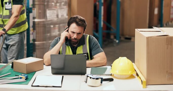 Logistics, laptop and man with phone call in warehouse for parcel tracking, shipping update and export. Supply chain staff, supervisor and mobile discussion with supplier for stock quote and feedback