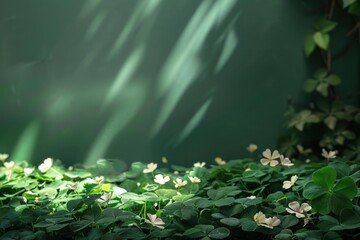 Obraz premium Sunbeams illuminating a field of blooming clover with green leaves and small white flowers on a blurred green background