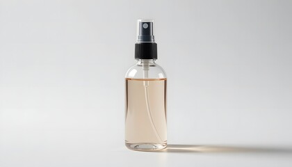 Naklejka premium Clear glass spray bottle with light amber liquid against a clean white background. 2 oz spray bottle