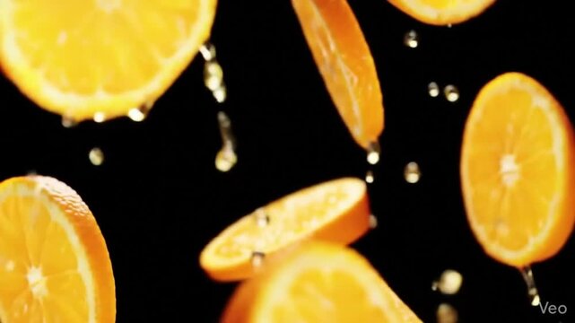 Hyper-realistic macro photography of thin translucent orange citrus slices suspended in midair with radiant backlit glowing light capturing fresh juicy movement and detailed fruit texture.