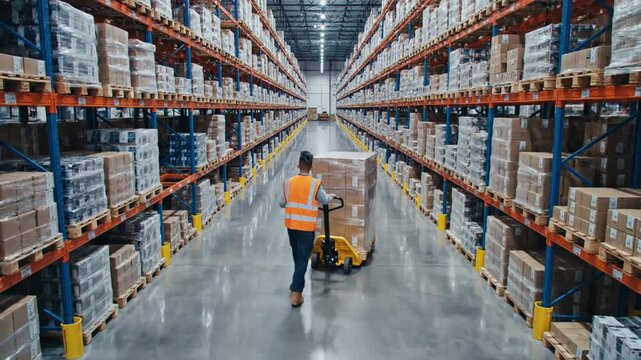 Cinematic overhead elevating perspective of an industrial worker moving cardboard cargo boxes using a manual hand pallet jack inside a vast logistic warehouse facility, professional slow-motion.