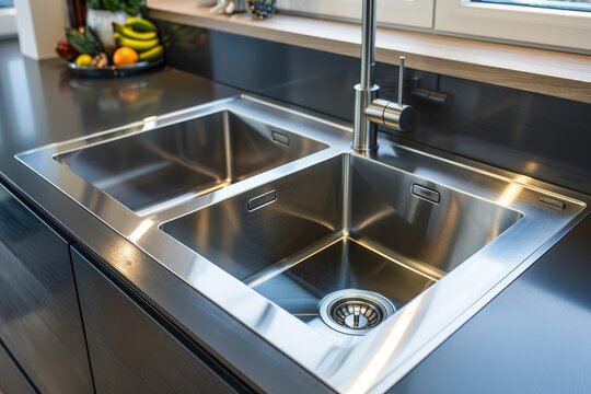 Empty stainless steel double sink in a modern kitchen showcasing contemporary design and functionality