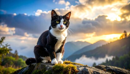 A black and white cat sits on a rock overlooking a misty mountain landscape at sunset.