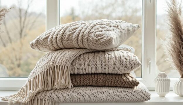 Stack of cozy knitted pillows and chunky knit throw blanket on white windowsill by large window, neutral beige and cream colored textiles with cable knit and woven textures
