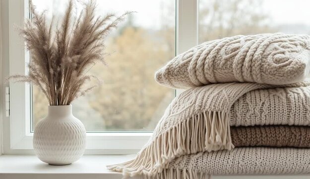 Stack of cozy knitted pillows and chunky knit throw blanket on white windowsill by large window, neutral beige and cream colored textiles with cable knit and woven textures
