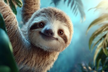 Fototapeta premium The endearing sloth clings to a lush green leaf amidst a calm environment