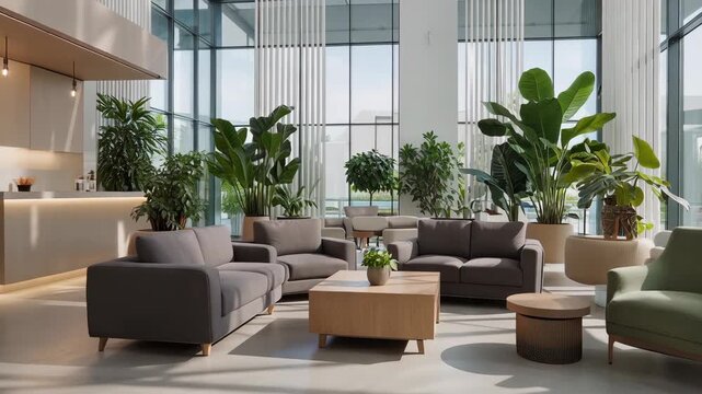 Modern Lobby Interior Design with Lush Green Plants and Natural Light Creating a Welcoming Ambiance for Business and Hospitality Spaces