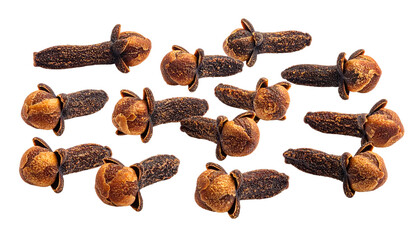 Close-up of multiple whole, dried, aromatic spice buds arranged against a solid black background, showcasing their intricate forms