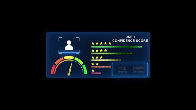Futuristic user confidence score digital interface with biometric facial recognition and dynamic progress gauge cyber security concept A I driven authentication system glowing neon U I dark tech
