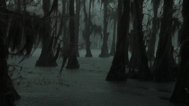 Early morning fog covers the swamp. Water stands still among tall trees. Light filters through branches. Nature shows a quiet and hidden world waiting for the day.