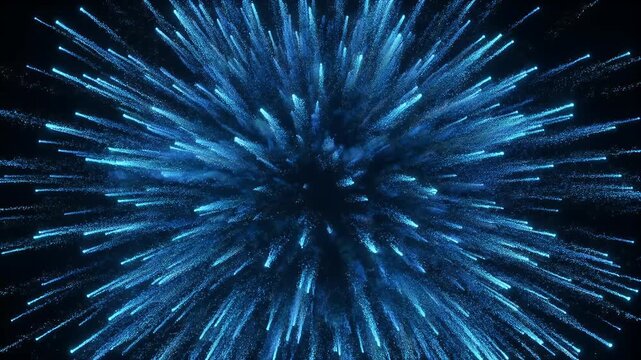 A striking abstract visualization of radiating blue energy against a black background. The image evokes a sense of expansion and explosive force