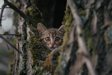 Fototapeta premium Small kitten peeking out from its hiding spot in a tree hollow, surrounded by moss and branches