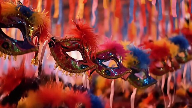 Colorful masks and decorative ribbons in bright and vibrant colors create a lively atmosphere for the masquerade festival.