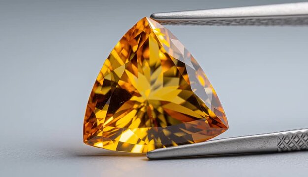 Trillion cut golden yellow citrine gemstone held by metal tweezers against neutral gray background, triangular faceted stone with brilliant orange-yellow color and internal reflections