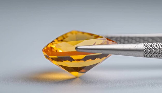 Trillion cut golden yellow citrine gemstone held by metal tweezers against neutral gray background, triangular faceted stone with brilliant orange-yellow color and internal reflections