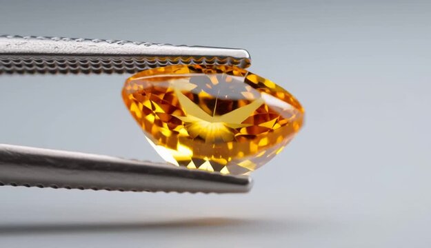 Trillion cut golden yellow citrine gemstone held by metal tweezers against neutral gray background, triangular faceted stone with brilliant orange-yellow color and internal reflections