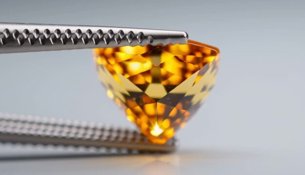 Trillion cut golden yellow citrine gemstone held by metal tweezers against neutral gray background, triangular faceted stone with brilliant orange-yellow color and internal reflections
