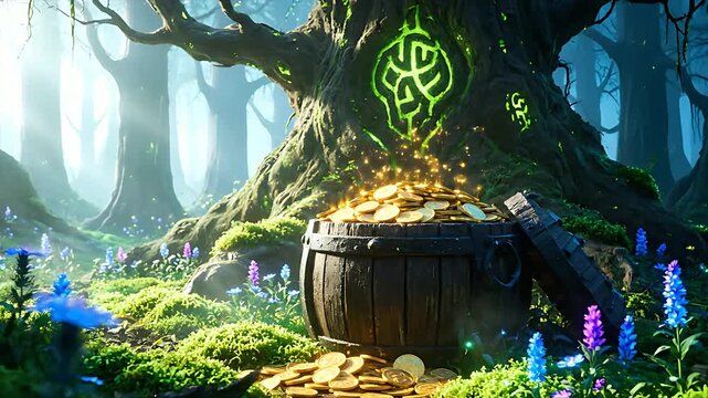 A magical, overflowing wooden barrel filled with shimmering gold coins rests beneath an ancient, glowing, mystical tree in a vibrant, enchanted forest setting.