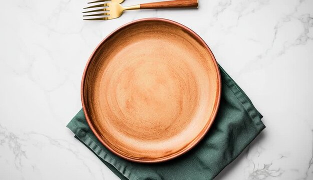 Empty rustic ceramic plate with brown terracotta rim on emerald green linen napkin, two gold brass forks with wooden handles placed on plate, white marble countertop
