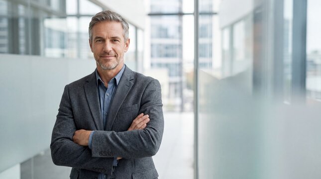Corporate portrait of confident European professional businessman standing with crossed arms in modern office interior, successful male executive leadership concept
