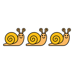 the adorable cartoon snail characters set with playful yellow snails big expressive eyes and flat vector illustration perfect for kids projects nursery art and cheerful designs.