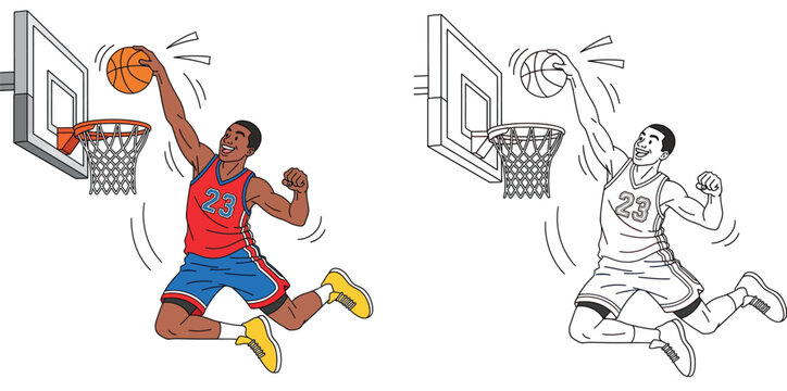 Dynamic cartoon basketball player dunking the ball into the hoop. Vector illustration set featuring a colored version and a black and white outline for coloring book pages.