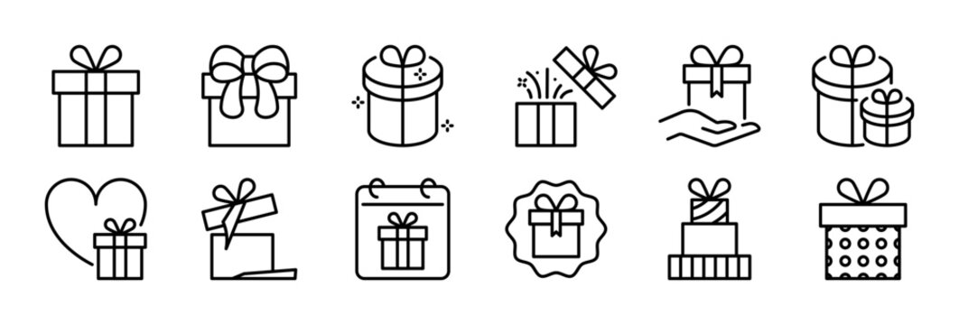 Gift box icon set. Present black line icons. Surprise sign. Holiday, festive, Birthday, Christmas, party concept. Vector illustration. Flat design. Isolated on a white background. Editable stroke.