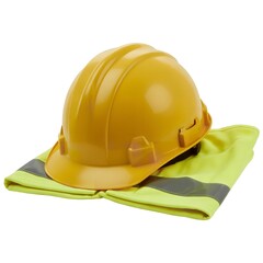 Fototapeta premium Bright yellow hard hat placed on top of a reflective safety vest against a clean white background