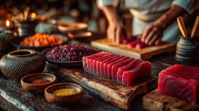 Chef creates sushi with Wagyu nigiri, set in a traditional locale